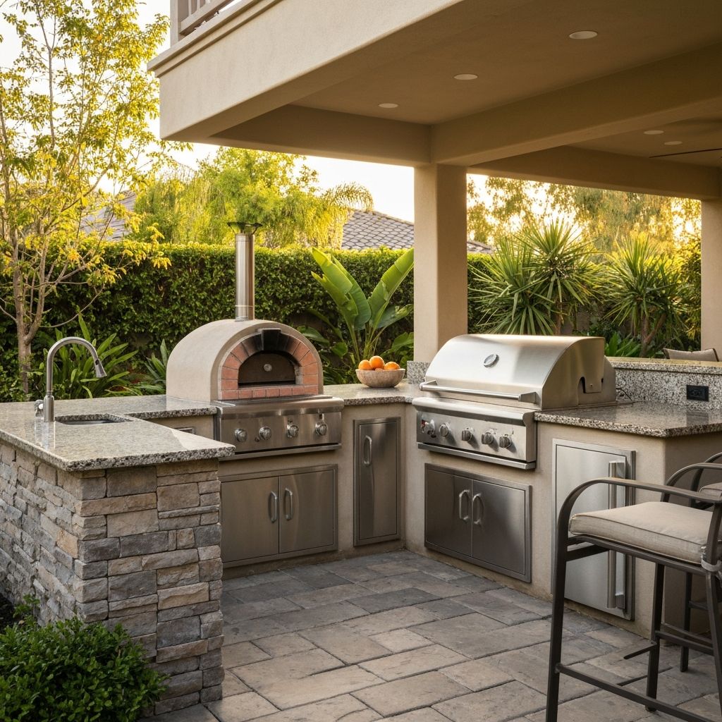 Modern outdoor kitchen with grill and countertops
