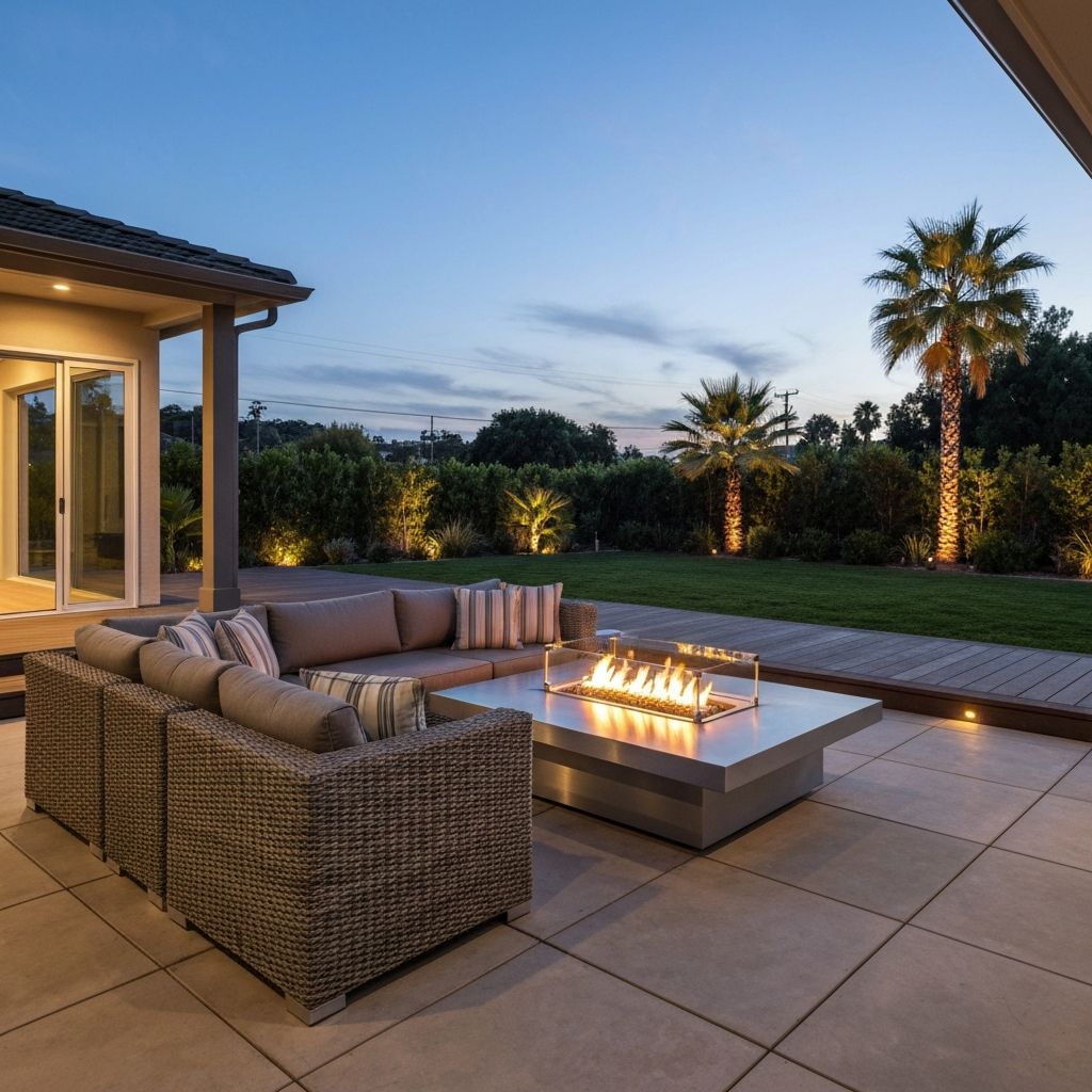 Outdoor lounge seating area with fire feature
