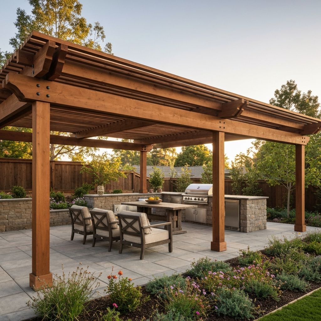 Wood pergola over outdoor kitchen