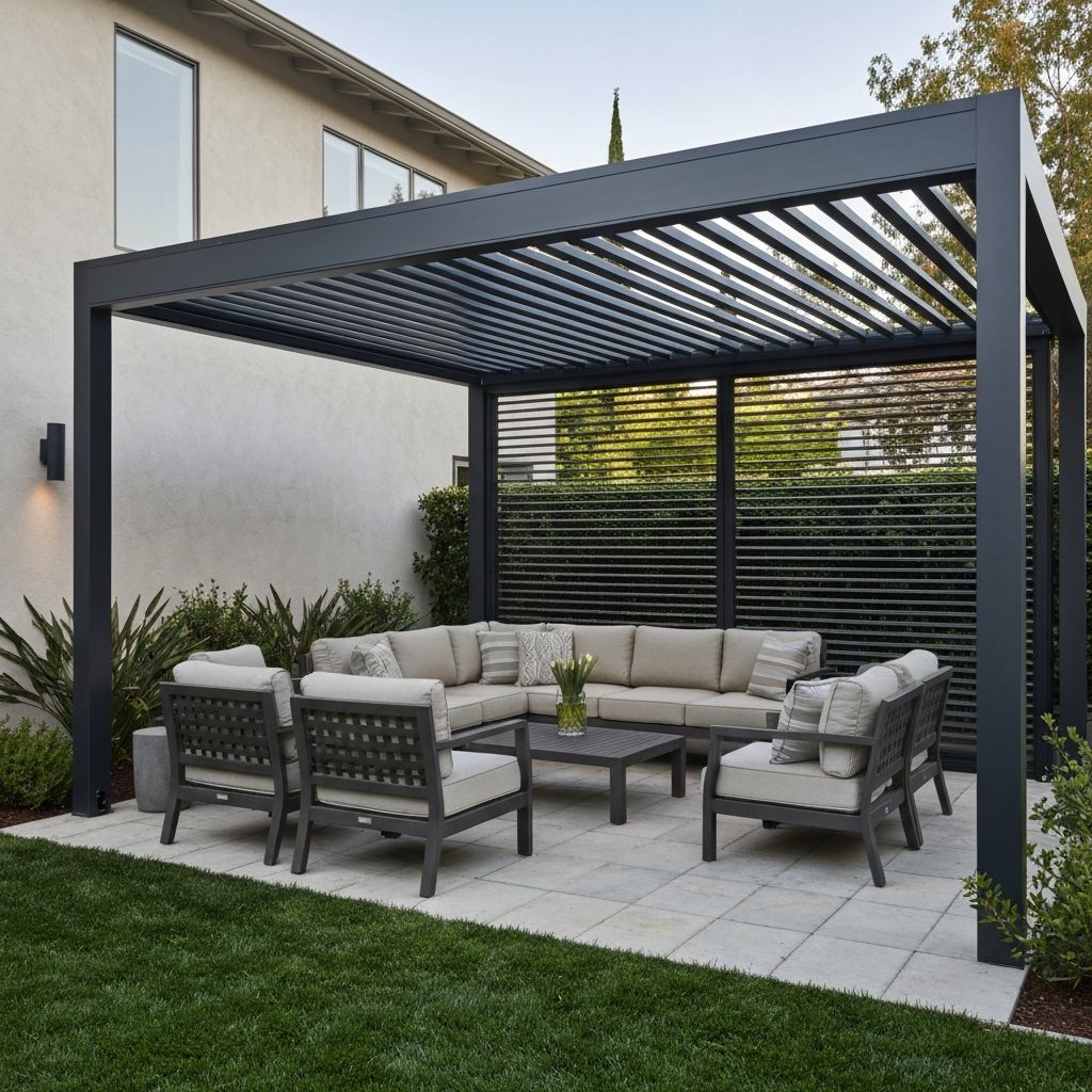 Modern louvered pergola with outdoor seating