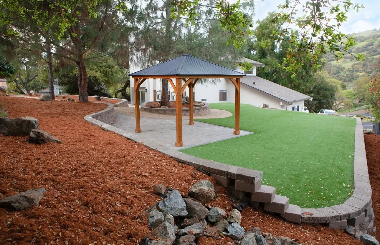 Backyard landscape with synthetic lawn, pergola, concrete patio, and mulched planting beds