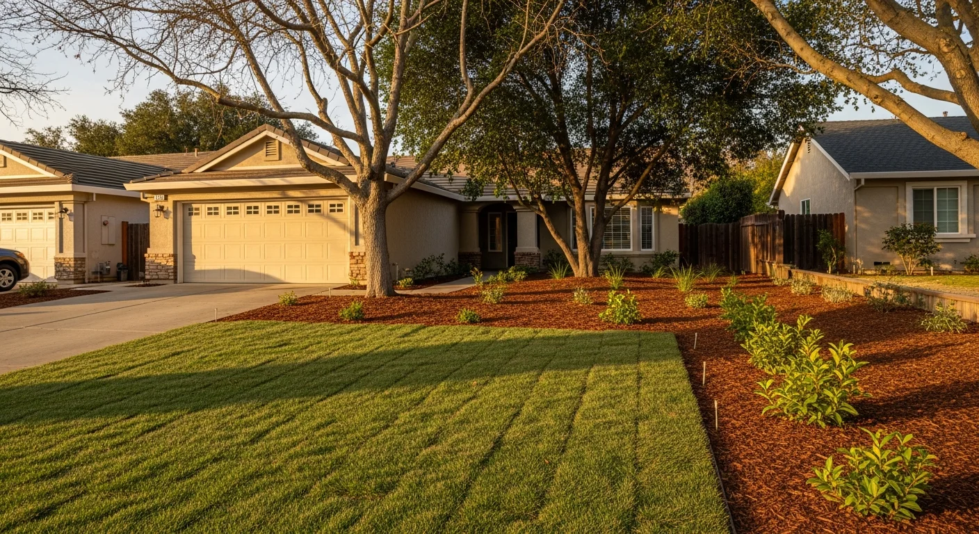 New suburban home in Morgan Hill with manicured landscaping and two-car garage, typical of the area's residential developments.