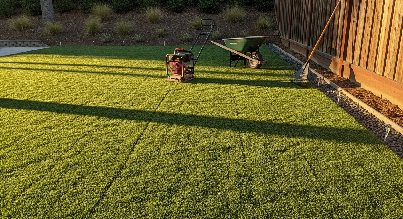 Freshly installed artificial turf covering a residential backyard in Morgan Hill, California, with clean edges bordered by a concrete patio and a wood fence. The synthetic grass surface is flat, evenly groomed, and deep green under bright California sunlight.