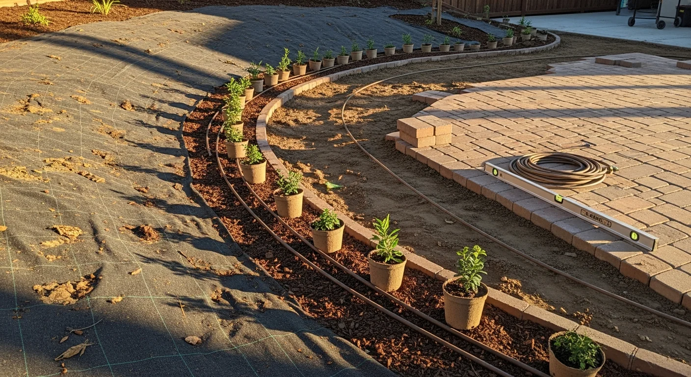 A renovated Morgan Hill backyard featuring a paver patio, drought-tolerant planting beds, and landscape lighting installed by STG Landscaping. The space shows defined outdoor seating areas with clean hardscape edges and low-water plantings suited to California's dry summer climate.
