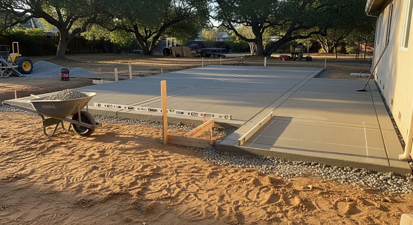 Freshly poured and finished concrete driveway at a residential property in Morgan Hill, California, with clean edges and a brushed surface texture. The surrounding yard shows native landscaping typical of South Santa Clara County homes.