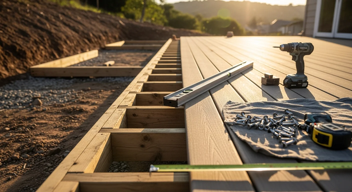 A newly installed elevated wood deck on a sloped Morgan Hill backyard, with clean framing, finished railings, and steps leading down to a paved patio area. The surrounding landscape reflects the dry, sunny conditions typical of the Morgan Hill foothills.
