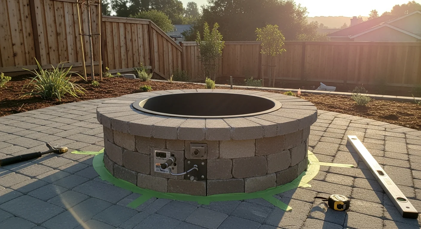 A built-in gas fire pit installed in a Morgan Hill backyard, surrounded by a paver patio and low-profile seating. The fire feature is set at a safe clearance distance from the home's exterior wall, with a clean stone surround and no visible ash or debris.
