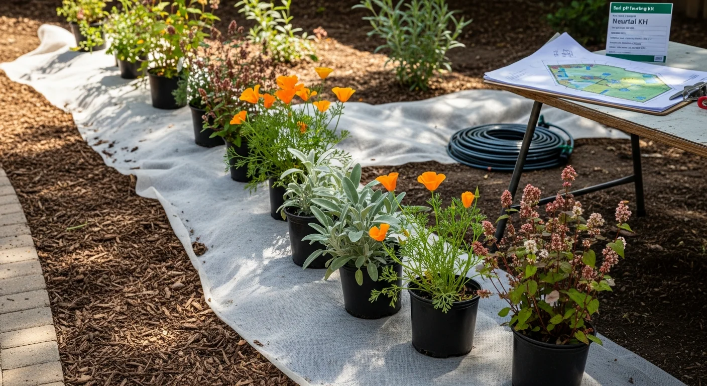 A professionally designed residential garden in Morgan Hill, CA, featuring low-water native plants, defined bed edging, and a stone pathway connecting the front yard to the backyard. The planting layout reflects the property's natural slope and Santa Clara County's water-wise landscaping standards.