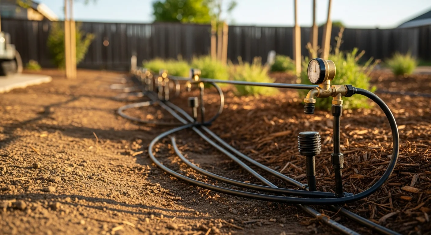 A freshly installed drip irrigation system running along a planting bed in a Morgan Hill residential backyard, with visible emitter lines routed around established shrubs and mulched garden areas. A spray head zone covers an adjacent turf section under a clear California sky.