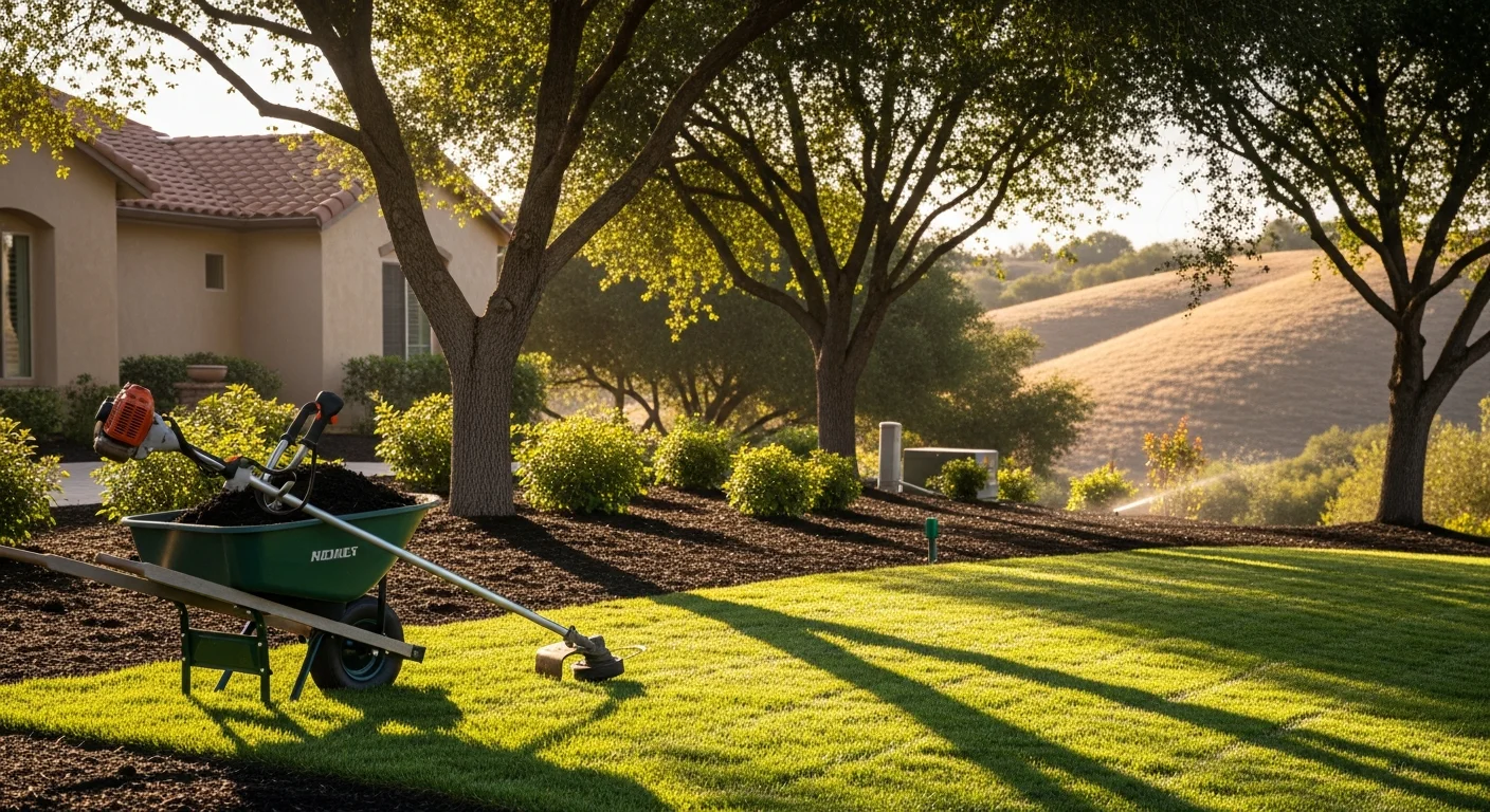 A well-maintained front yard lawn with clean mowed edges and trimmed shrubs at a single-family home in Morgan Hill, CA. Mulched planting beds line the walkway leading to the front door under a clear California sky.