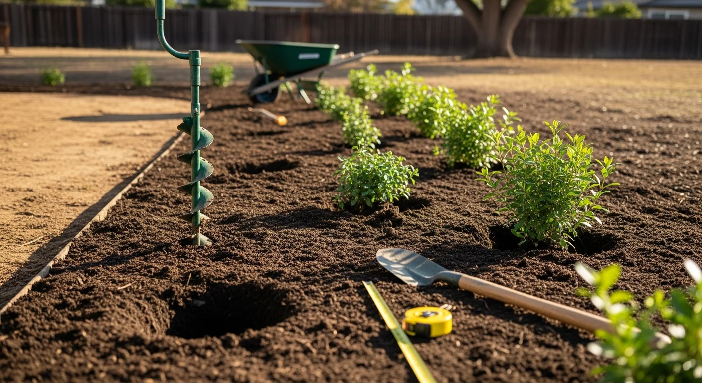A freshly planted front yard at a single-family home in Morgan Hill, California, showing low-water-use shrubs and ground cover arranged in amended soil beds. The planting reflects a Mediterranean-climate design suited to the area's dry summers and clay soil conditions.