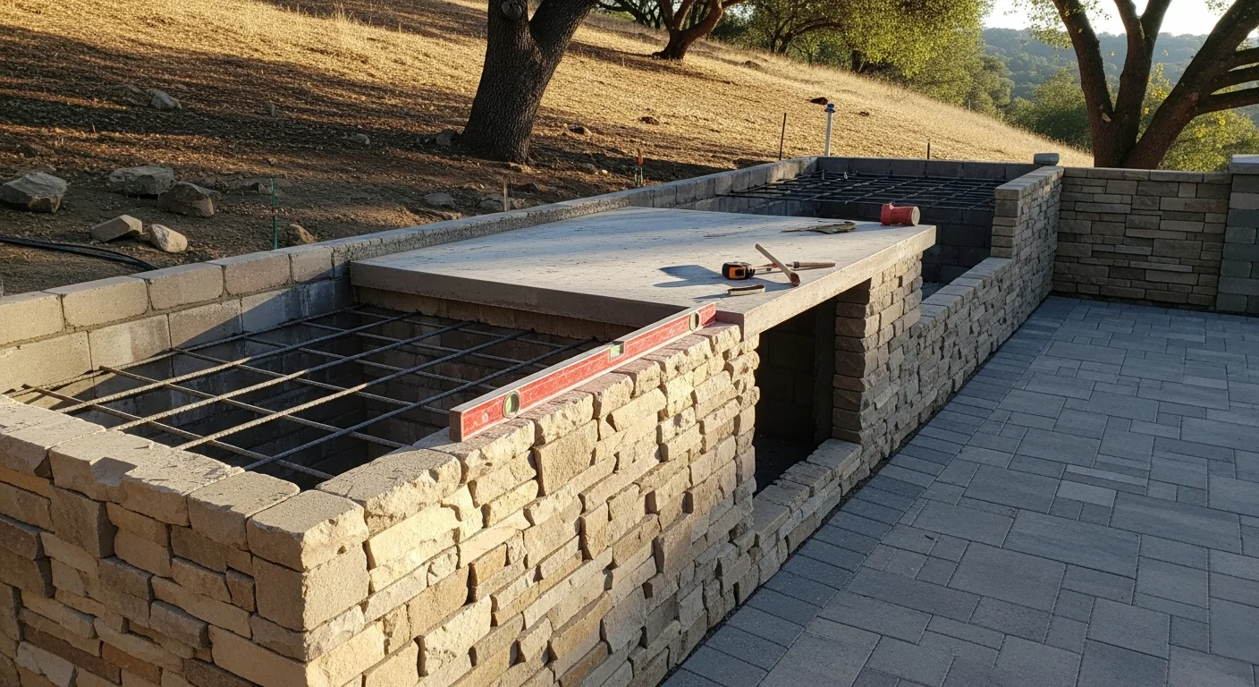 A completed custom outdoor kitchen installed by STG Landscaping in a Morgan Hill backyard, featuring a built-in cooking station with stone-finished counters and a hardscape patio base. The setup is designed for year-round use in Morgan Hill's warm, dry climate.