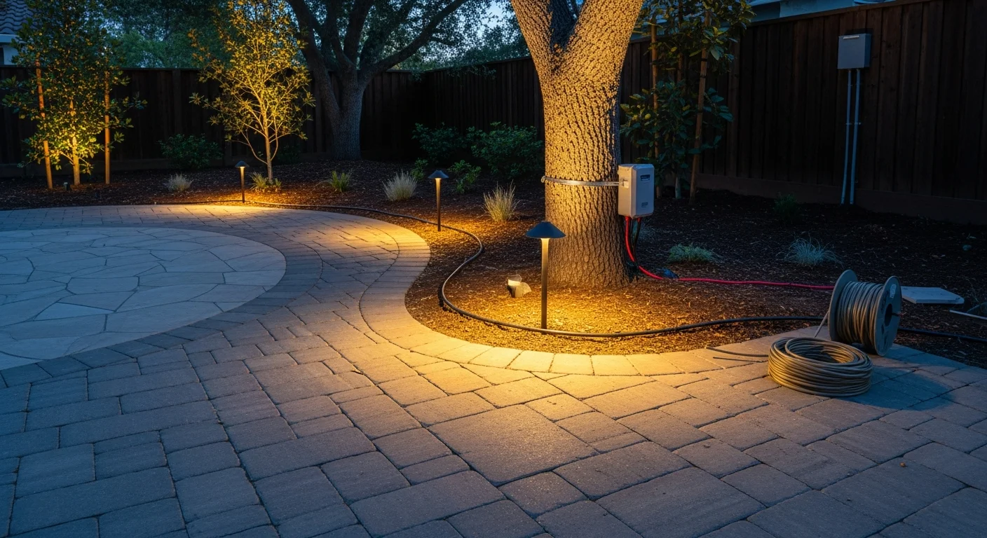 Professionally installed outdoor pathway and accent lighting illuminating a patio and garden border at a Morgan Hill residential property. Warm-toned fixtures line a stone walkway leading to a covered outdoor living area at dusk.