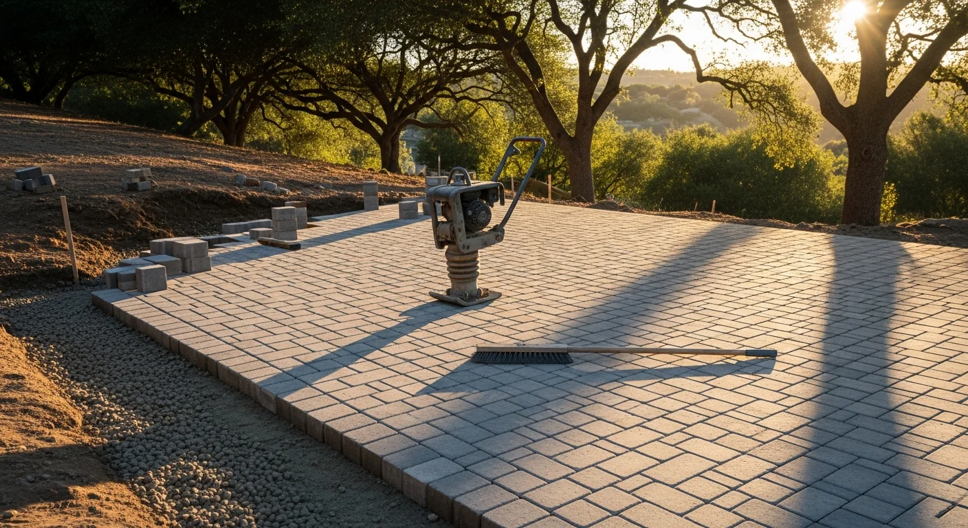 Freshly installed interlocking pavers forming a wide residential driveway on a Morgan Hill property, with clean joint lines and a graded surface sloping away from the home's garage. A paver patio extension is visible along the side yard, bordered by a low retaining edge.
