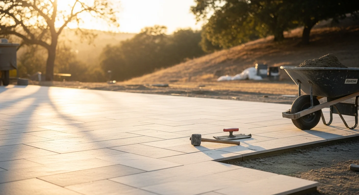 A finished porcelain patio installed by STG Landscaping in a Morgan Hill backyard, showing a level surface with clean joint lines and an outdoor seating area. The patio surface reflects the warm California light with no visible staining or fading.