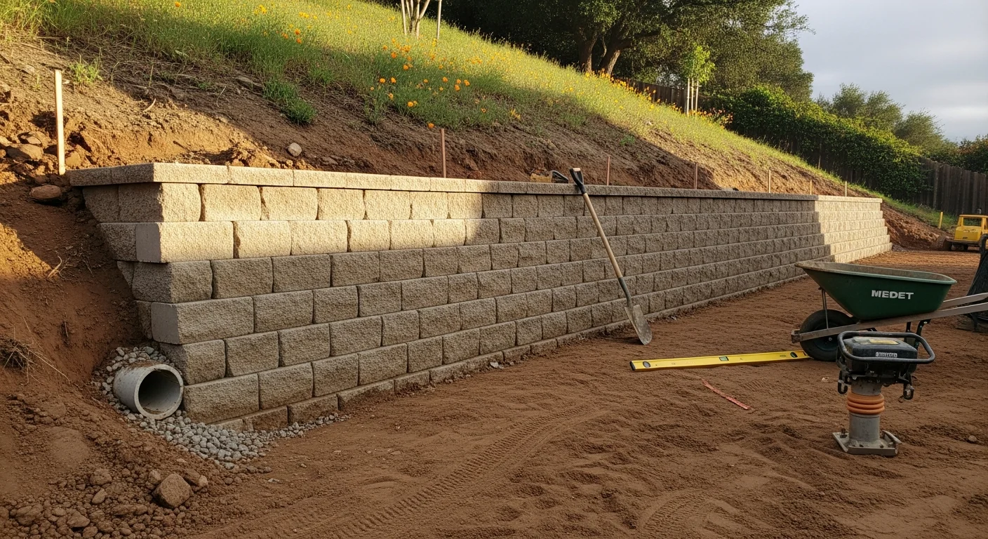 A newly installed hardscape retaining wall with clean stone coursing holding back a sloped yard on a residential property in Morgan Hill, California. The tiered wall creates a level planting area above and a defined edge along a concrete pathway below.