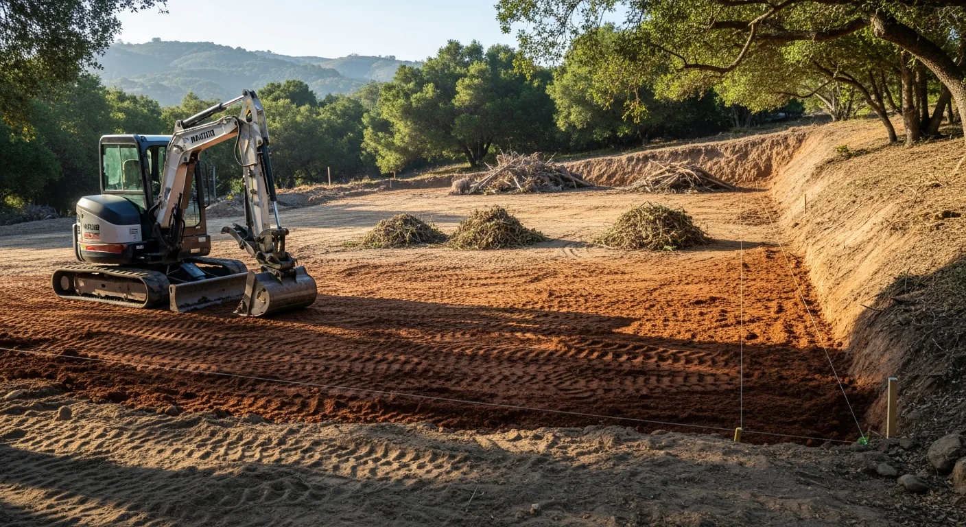 A Morgan Hill residential property mid-site preparation, showing freshly graded and leveled soil with cleared vegetation and shaped drainage slope. A landscape contractor operates a skid steer on a sloped lot in preparation for lawn and hardscape installation.