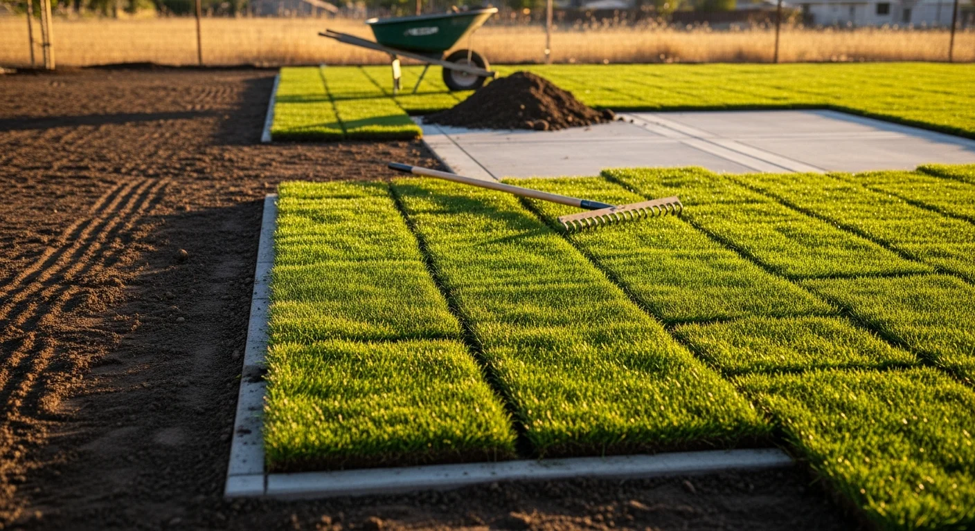 Freshly installed sod covering a residential front yard in Morgan Hill, California, with clean edges along a concrete walkway and uniform green turf across the full lawn area. A STG Landscaping crew member trims the sod border near a garden bed on a clear day.
